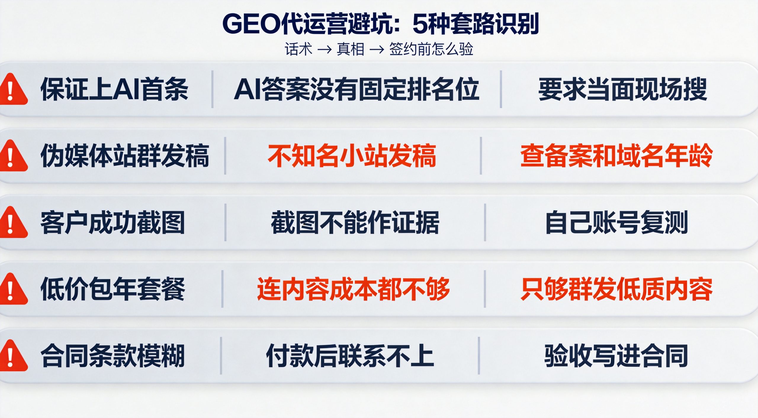 GEO代运营的5种坑人套路：话术、真相与签约前验证方法